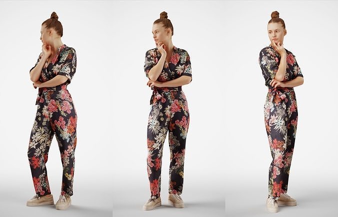 Isabel 32 Fashionista Woman posed standing in colorful catsuit 3D model