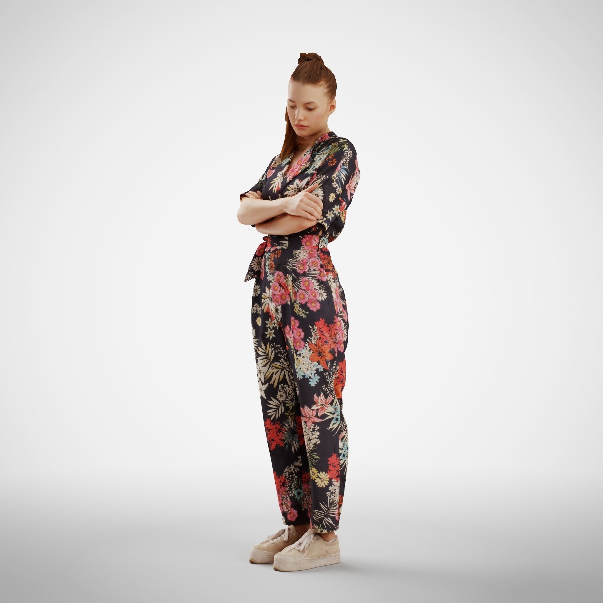 Isabel 38  Fashionista Woman posed standing in floral catsuit 3D model_2