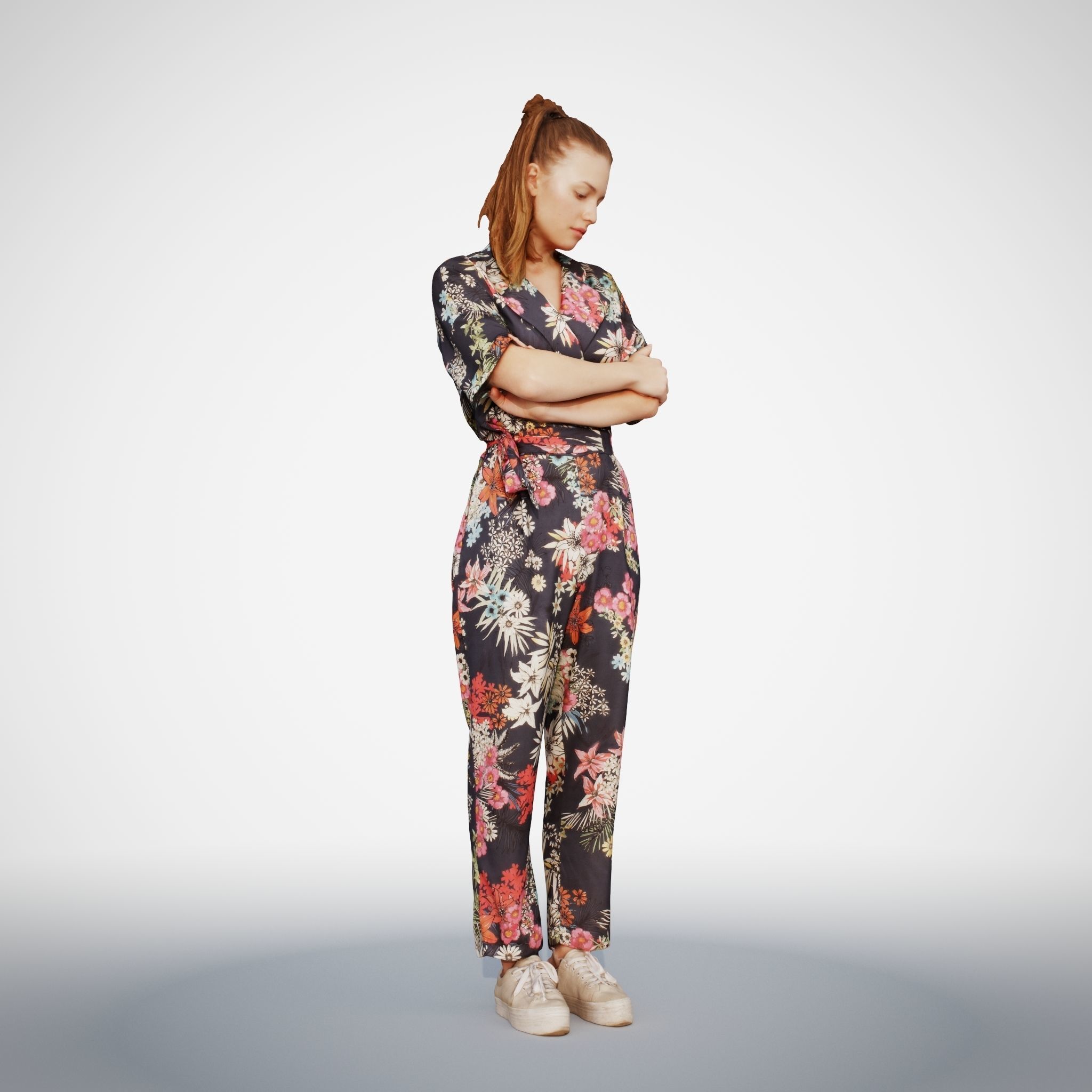 Isabel 38  Fashionista Woman posed standing in floral catsuit 3D model_10