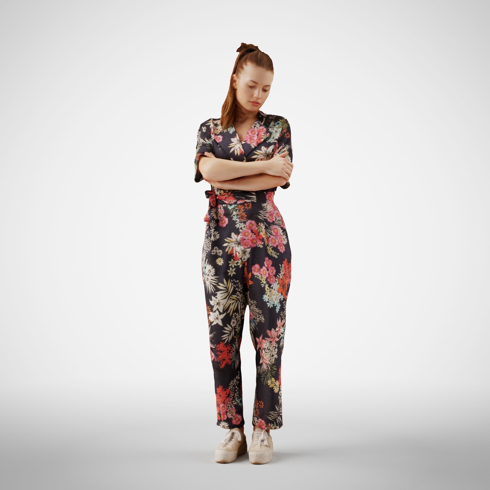 Isabel 38  Fashionista Woman posed standing in floral catsuit 3D model_1