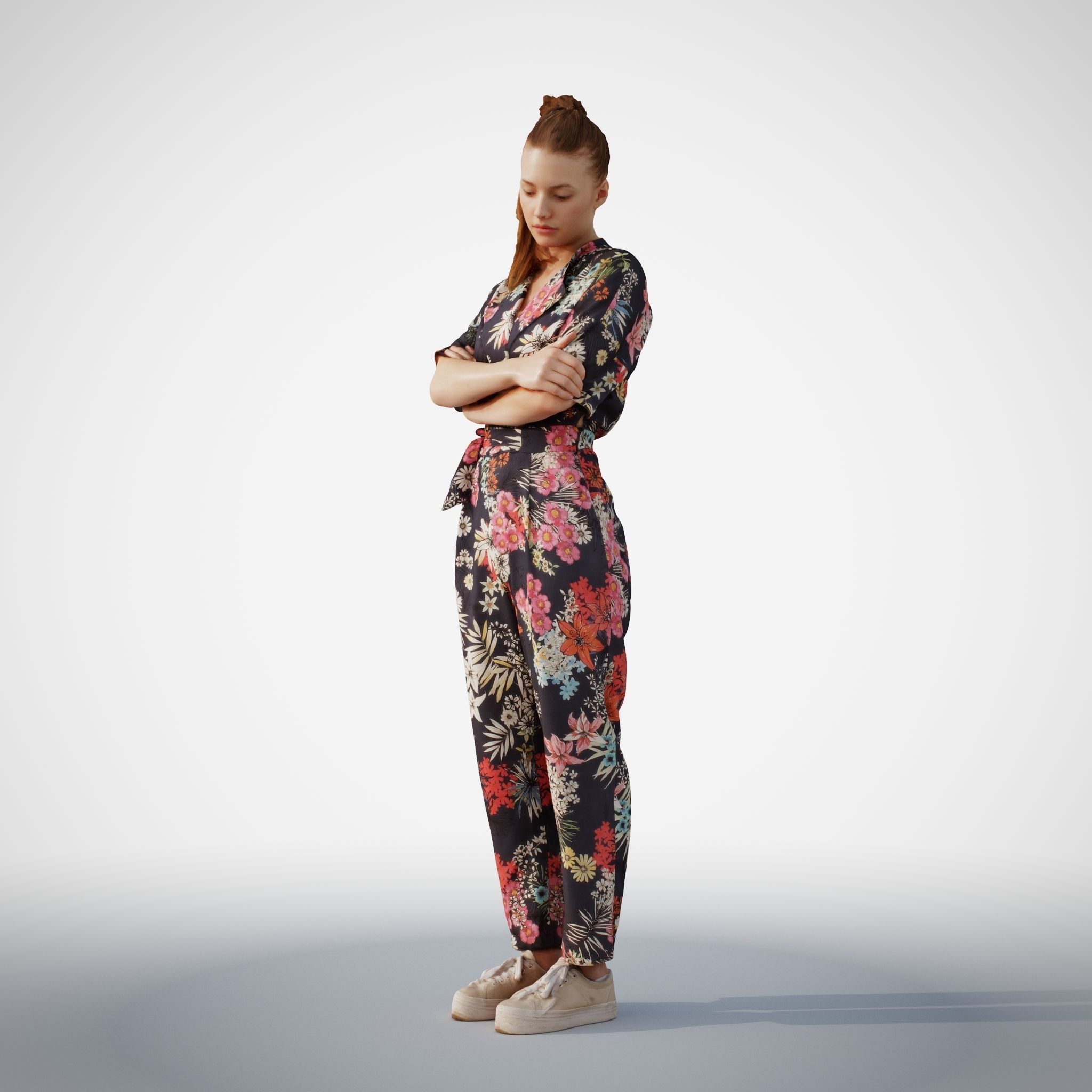 Isabel 38  Fashionista Woman posed standing in floral catsuit 3D model_7
