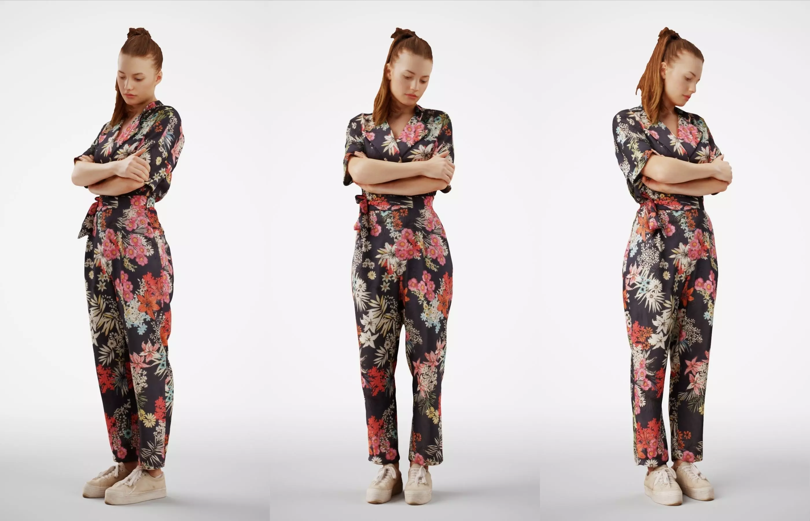 Isabel 38  Fashionista Woman posed standing in floral catsuit 3D model_0