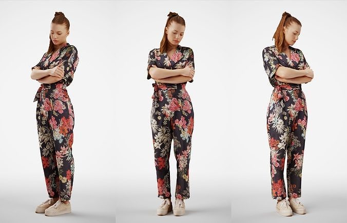 Isabel 38  Fashionista Woman posed standing in floral catsuit 3D model