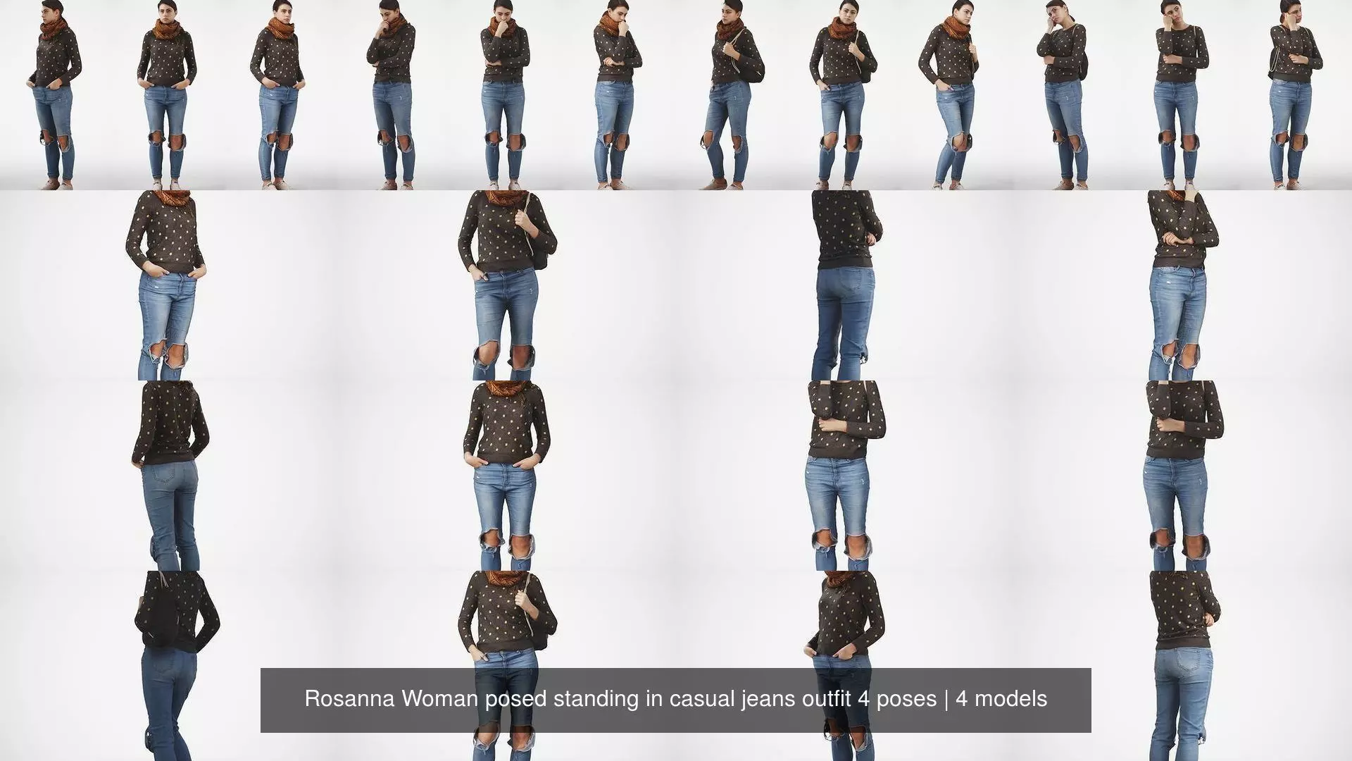 Rosanna Woman posed standing in casual jeans outfit 4 poses 3D Model Collection_1