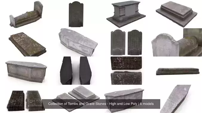 Collection of Tombs and Grave Stones - High and Low Poly 