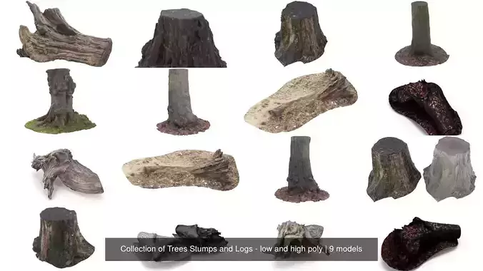 Collection of Trees Stumps and Logs - low and high poly 