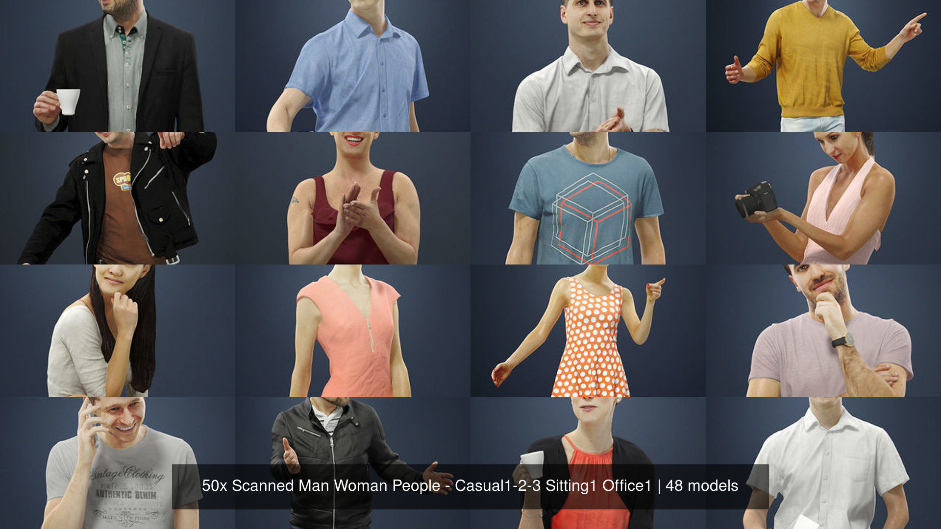 50x Scanned Man Woman People - Casual1-2-3 Sitting1 Office1 3D Model Collection_5