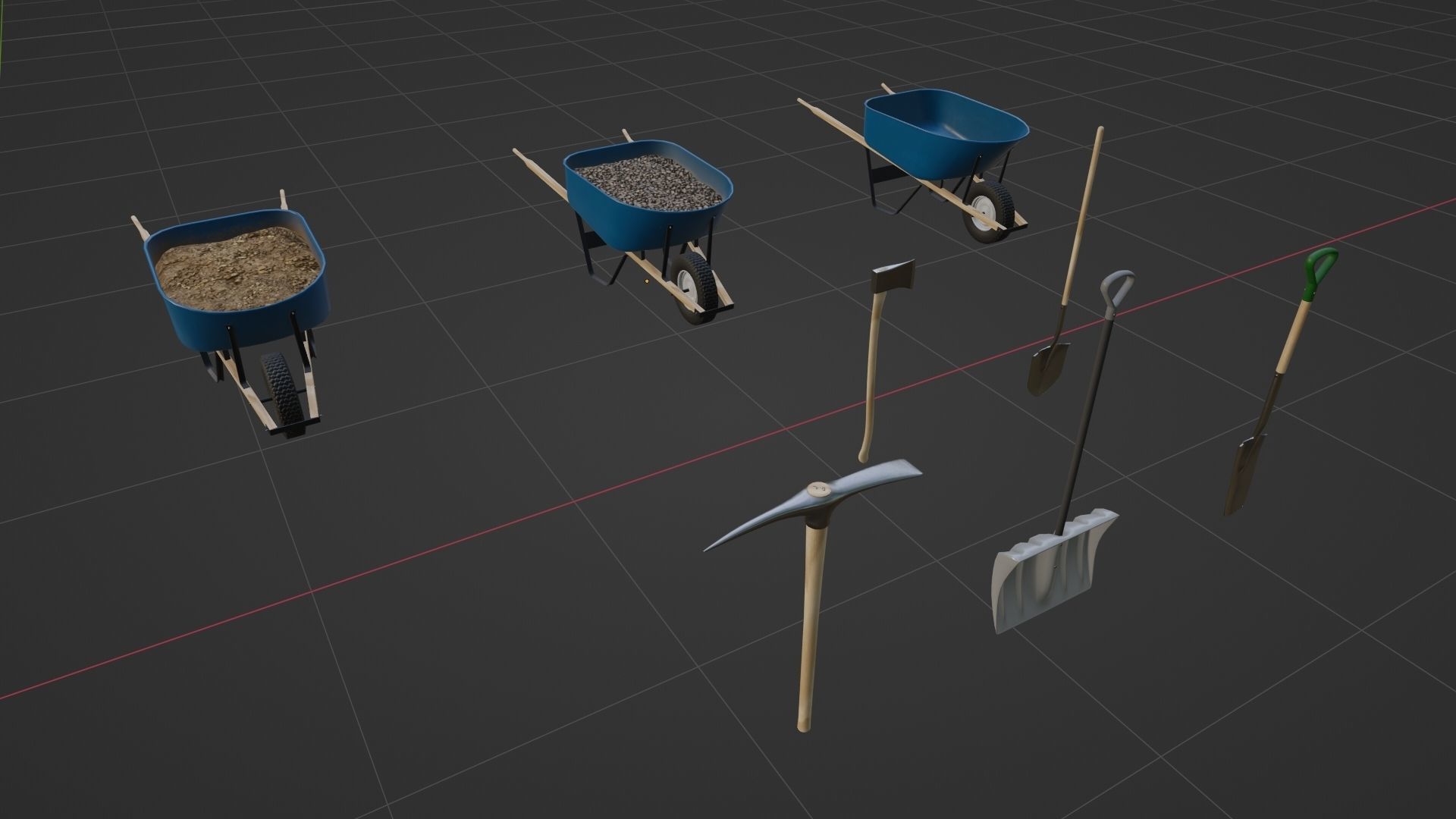 Outdoor Tools And Wheelbarrow Low-poly 3D model_25