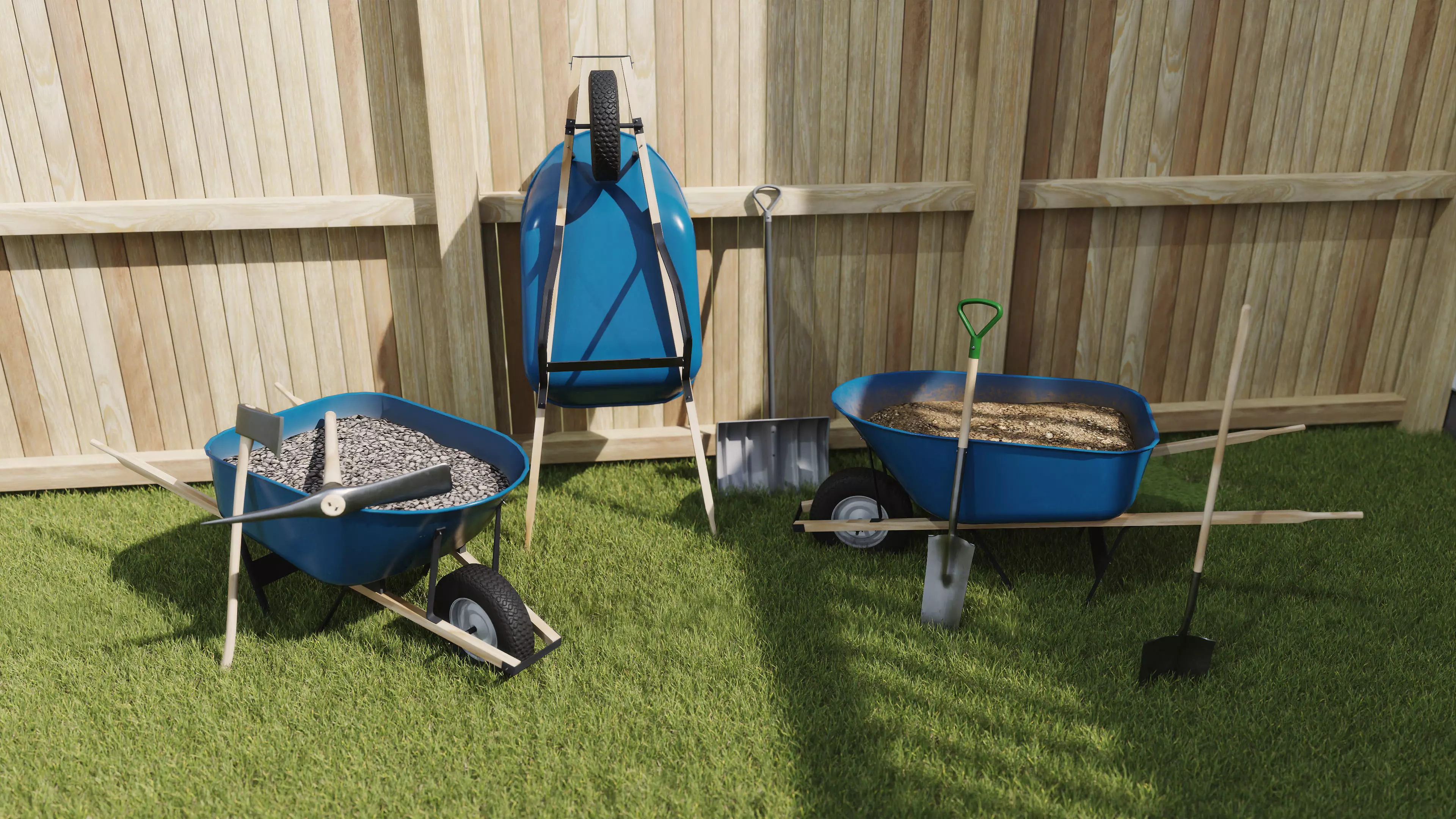 Outdoor Tools And Wheelbarrow Low-poly 3D model_0
