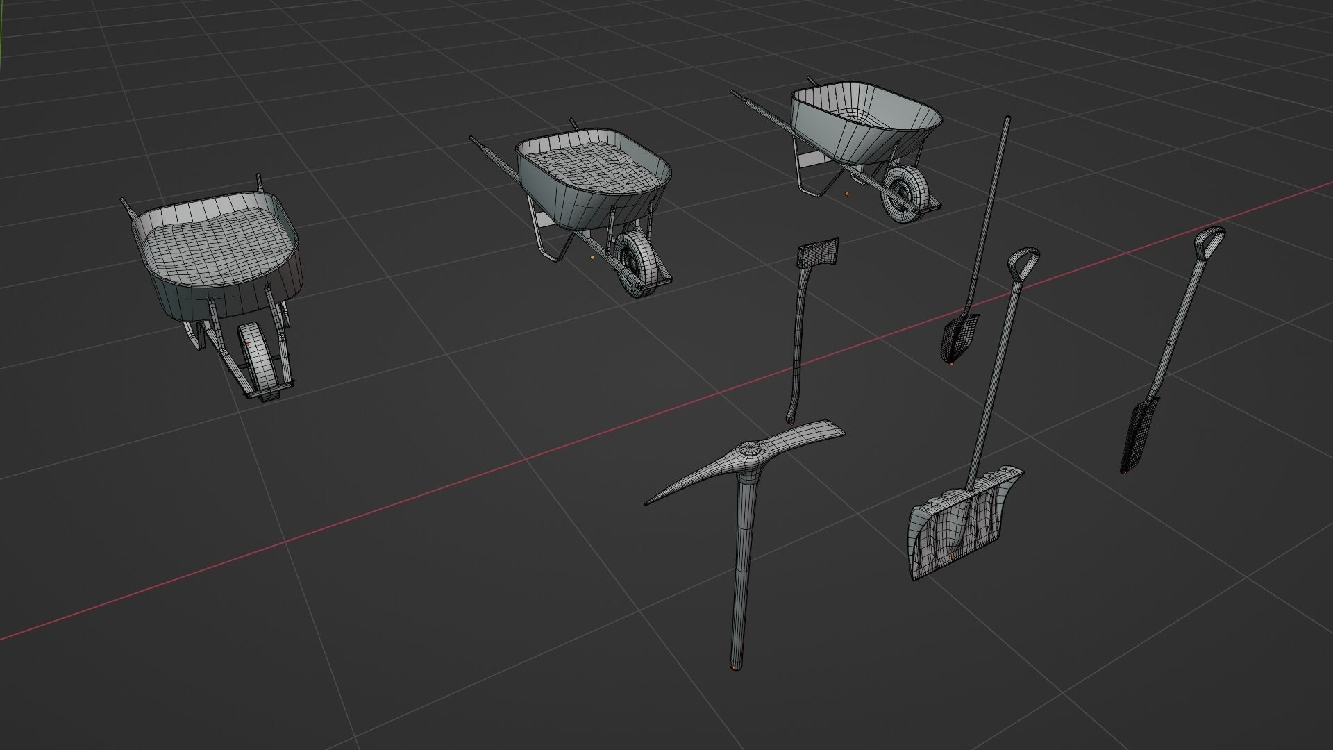 Outdoor Tools And Wheelbarrow Low-poly 3D model_27