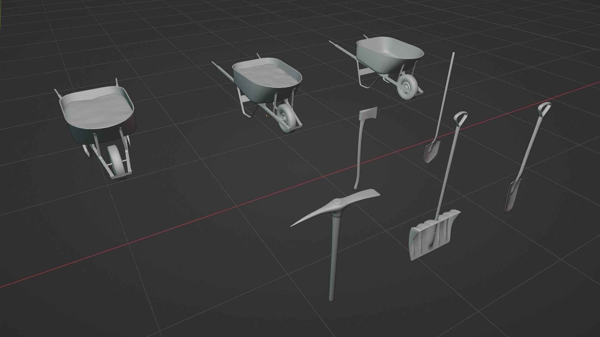 Outdoor Tools And Wheelbarrow Low-poly 3D model_26