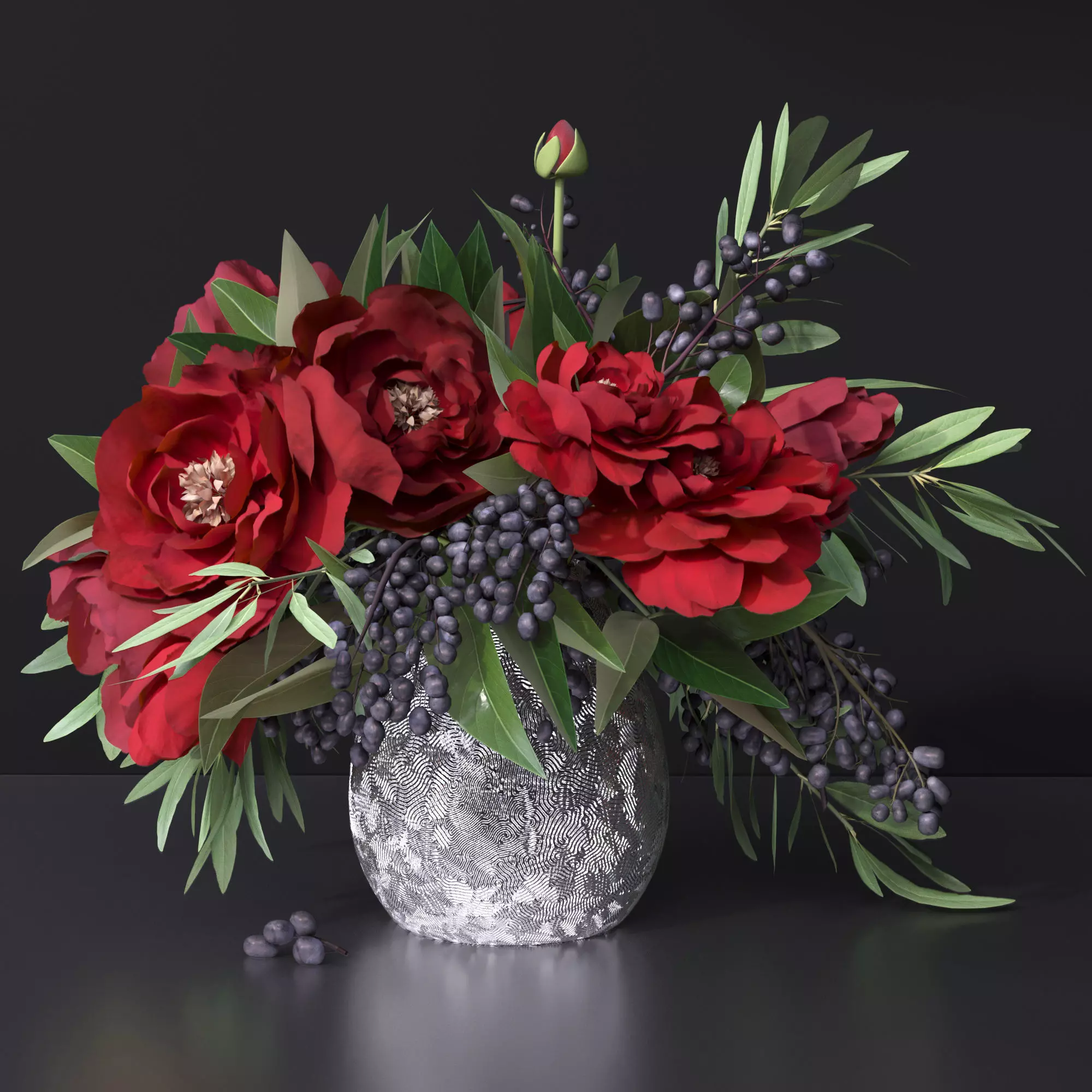 Red Peonies Vase Decorative Set 3D model_0