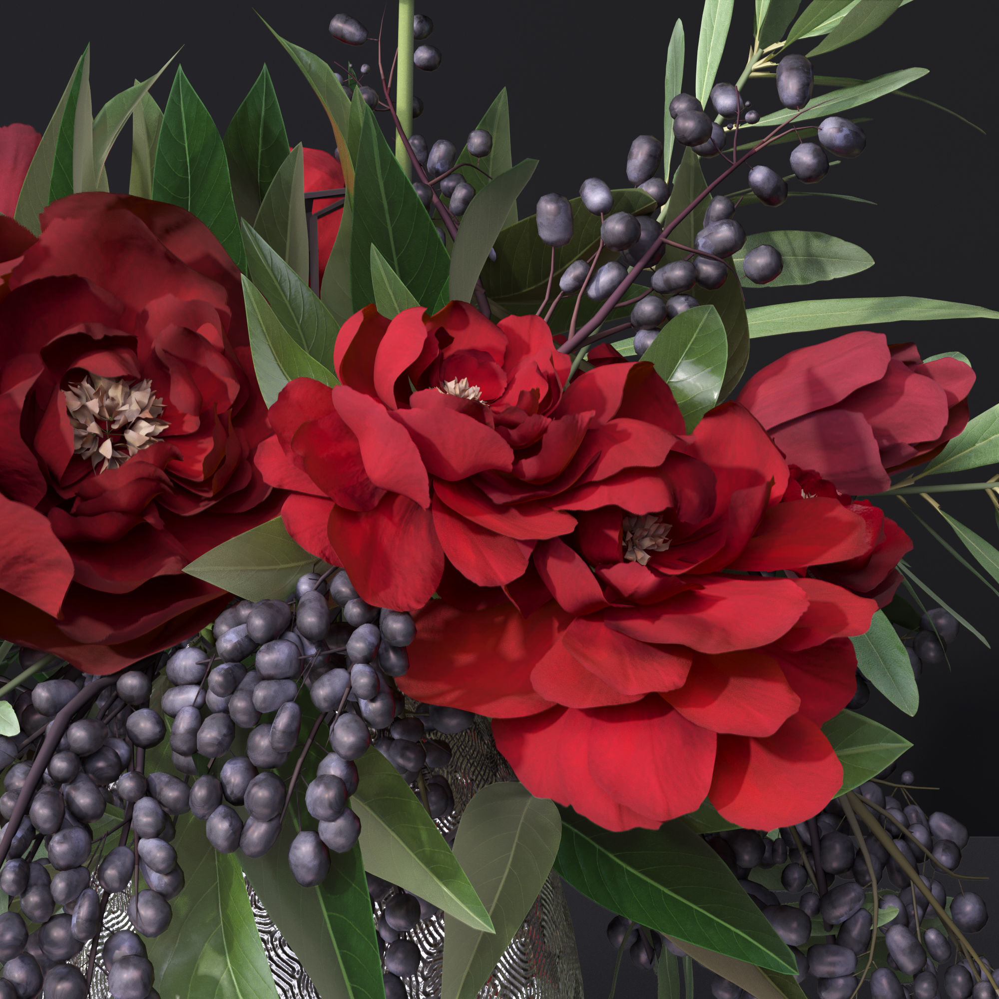 Red Peonies Vase Decorative Set 3D model_10