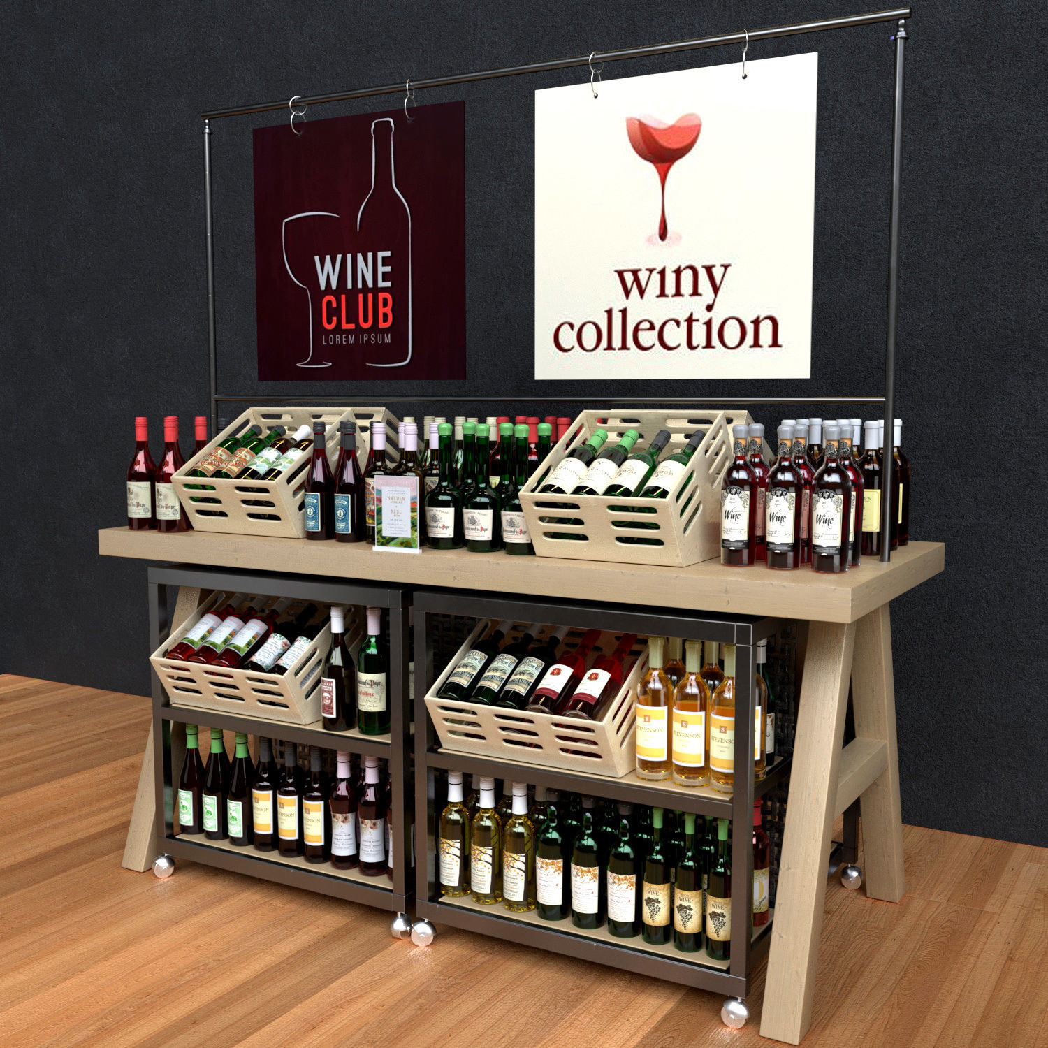 WineTable wine club display with bottles and signs 3D model_2