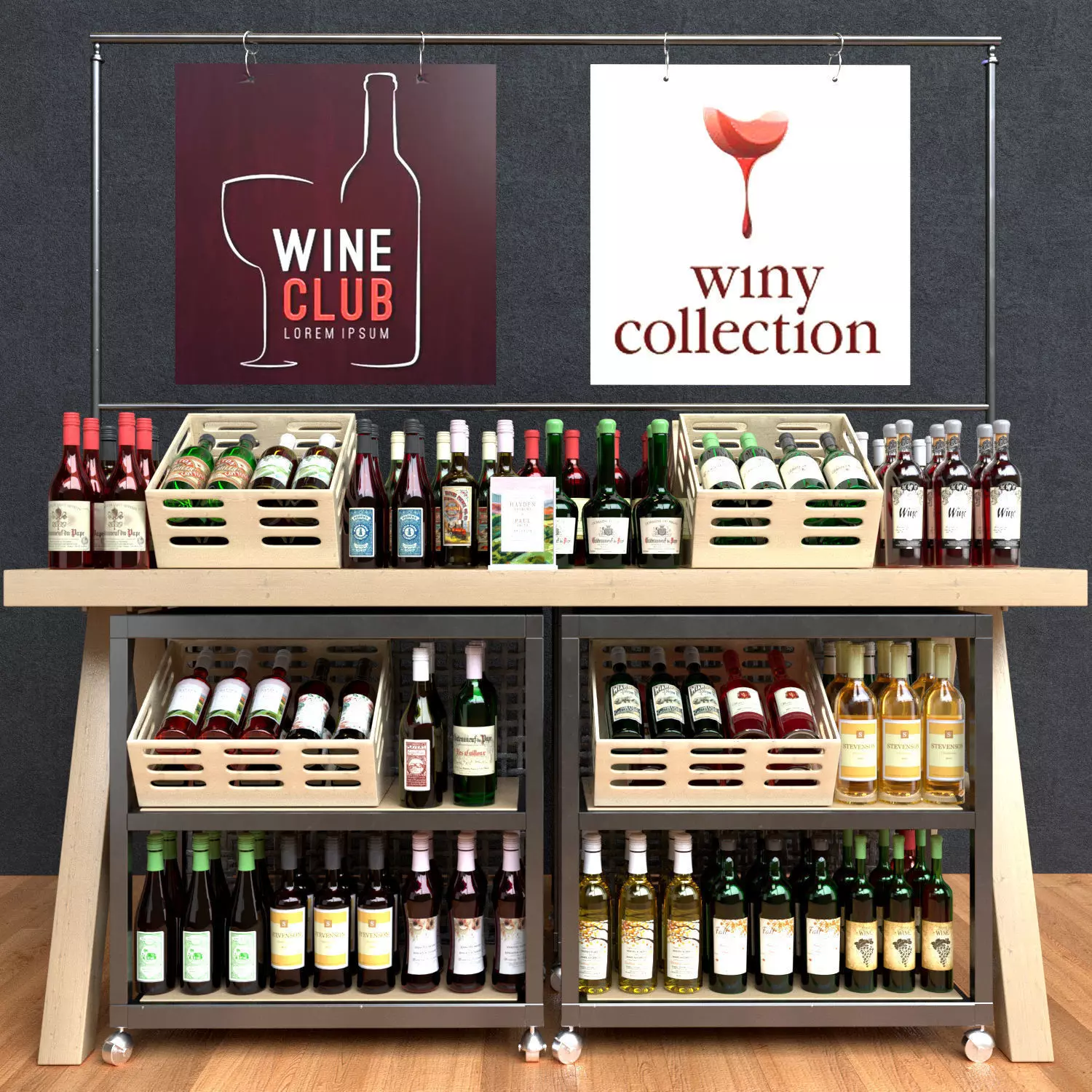 WineTable wine club display with bottles and signs 3D model_0