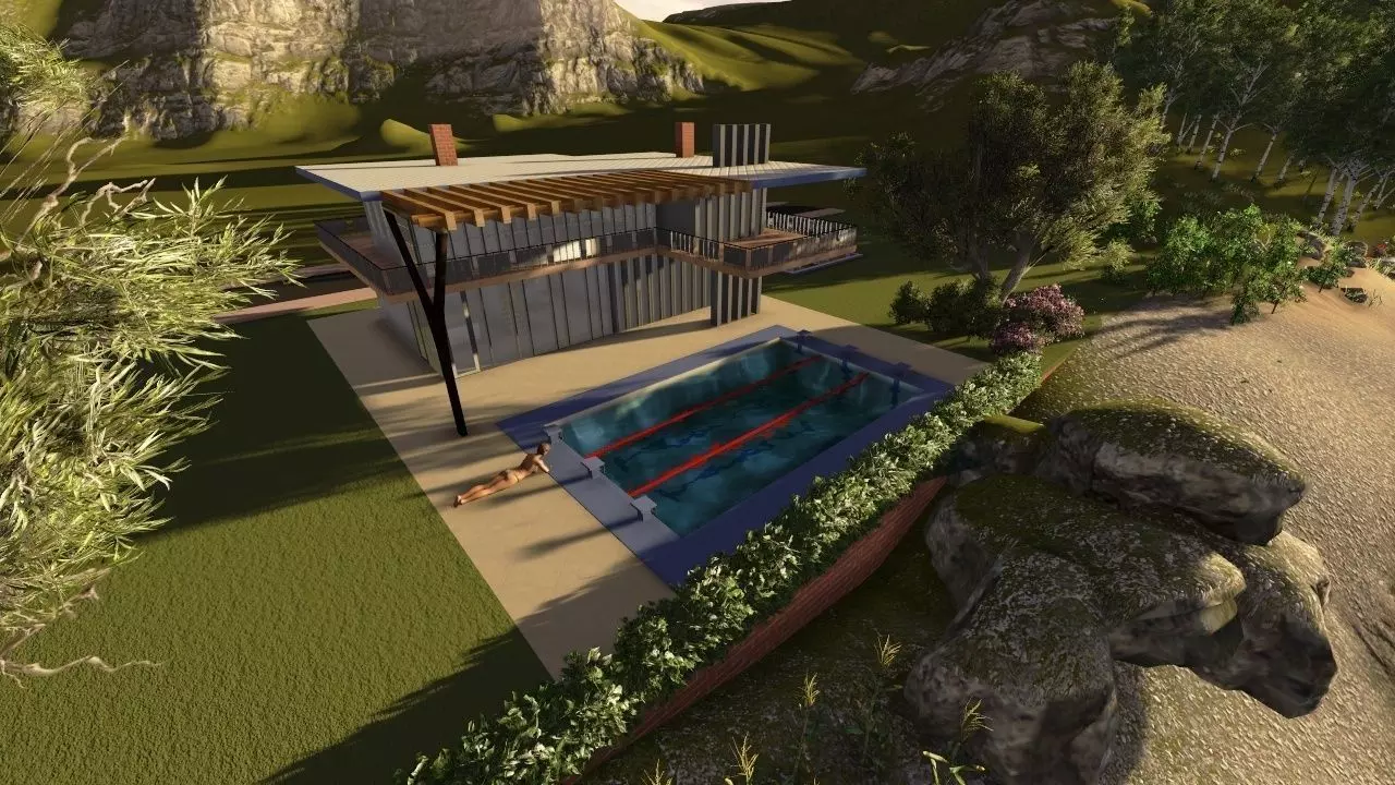villa house with pool on side of mountain 3D print model_0
