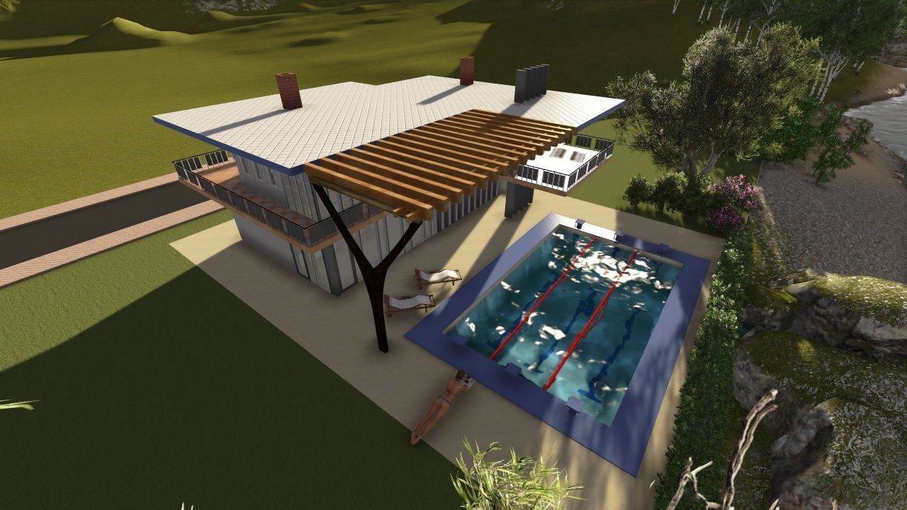 villa house with pool on side of mountain 3D print model_3