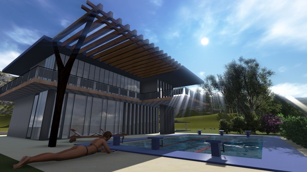 villa house with pool on side of mountain 3D print model_1