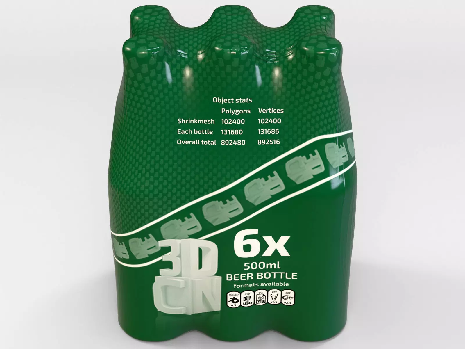 6 pack 500ml bottles in a plastic shrinkwrap 3D model_2