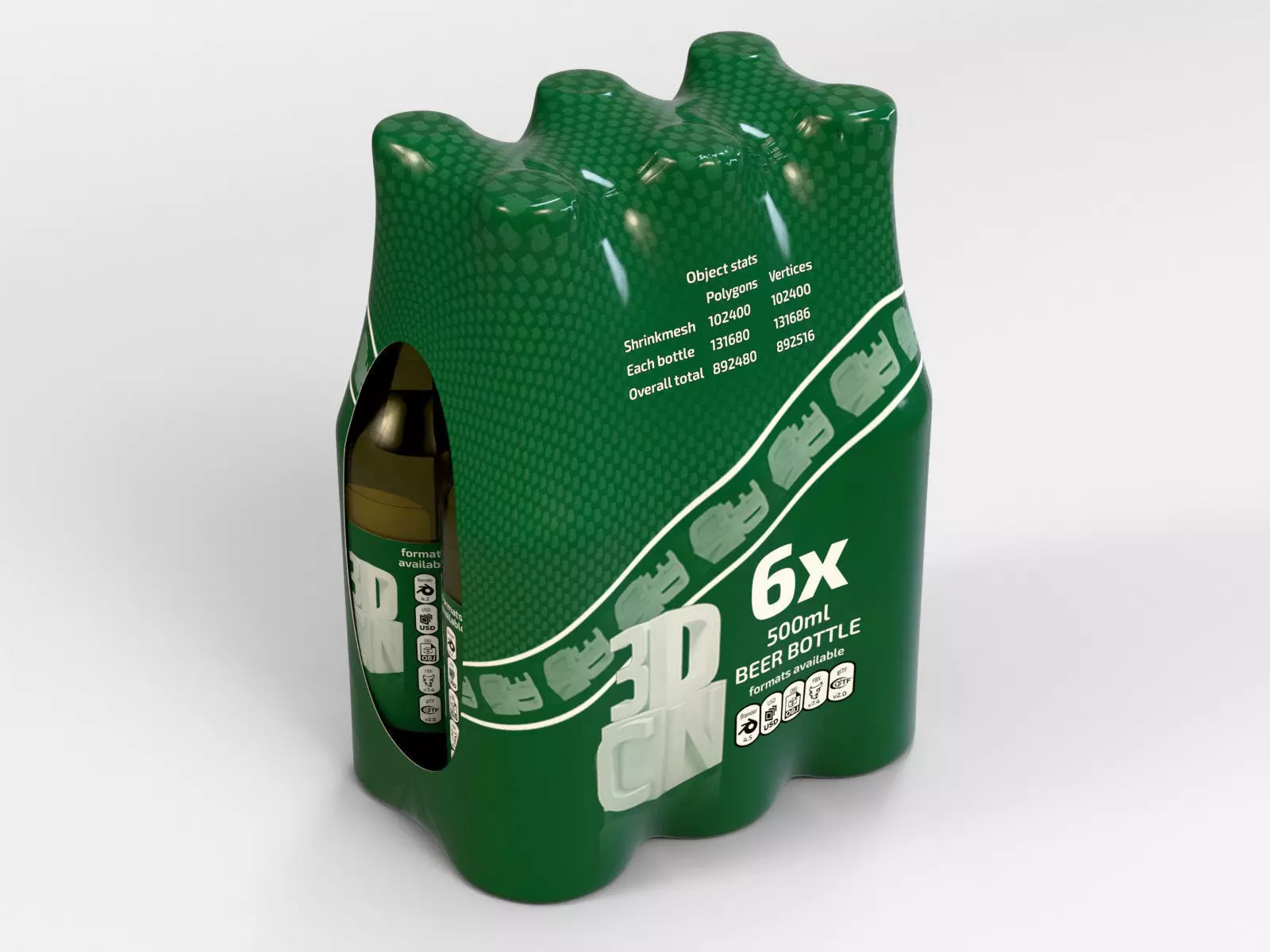 6 pack 500ml bottles in a plastic shrinkwrap 3D model_0