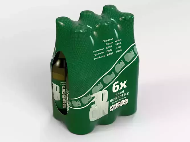 6 pack 500ml bottles in a plastic shrinkwrap 3D model