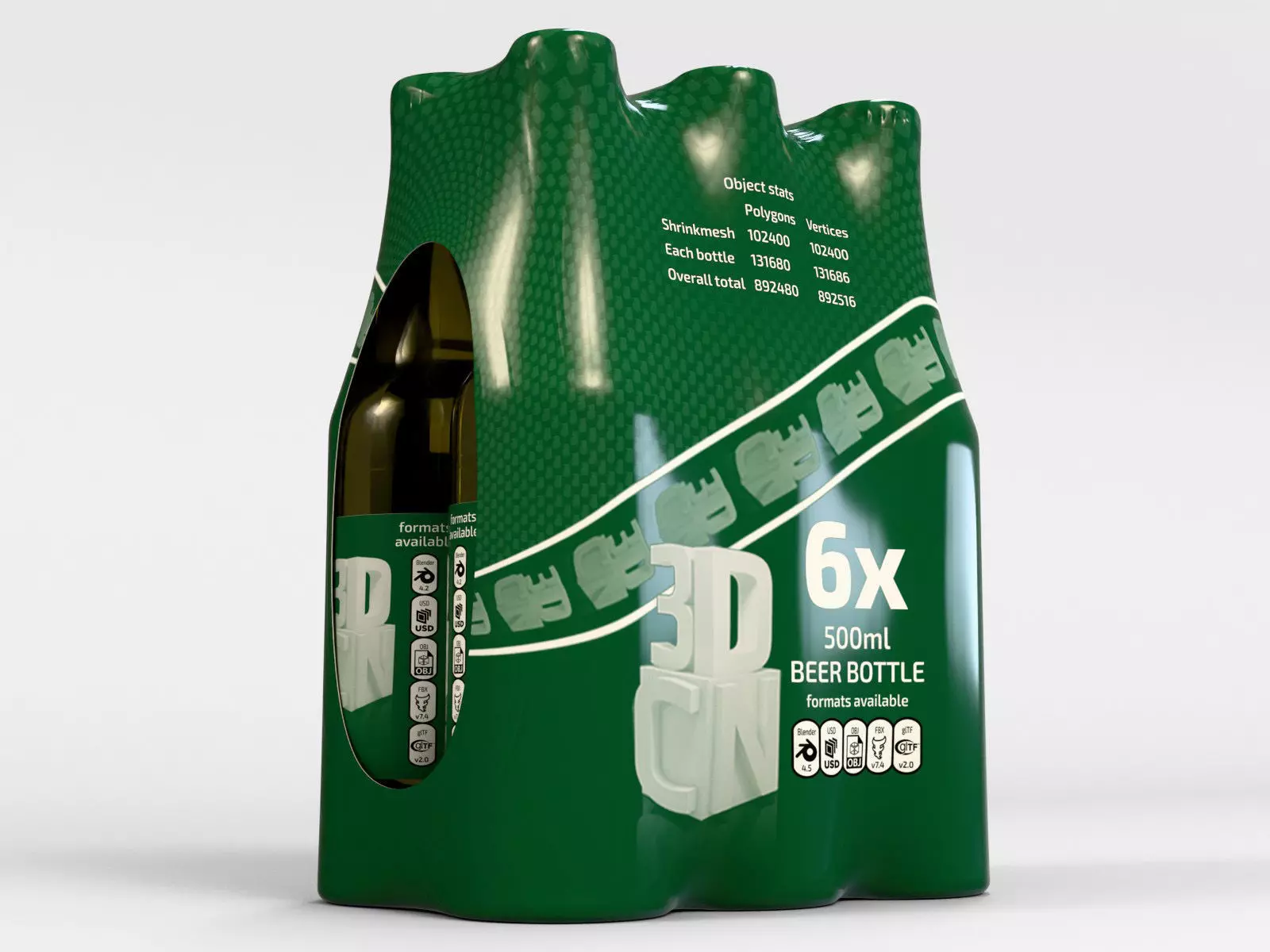 6 pack 500ml bottles in a plastic shrinkwrap 3D model_8