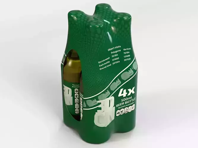 4 pack 500ml bottles in a plastic shrinkwrap 3D model