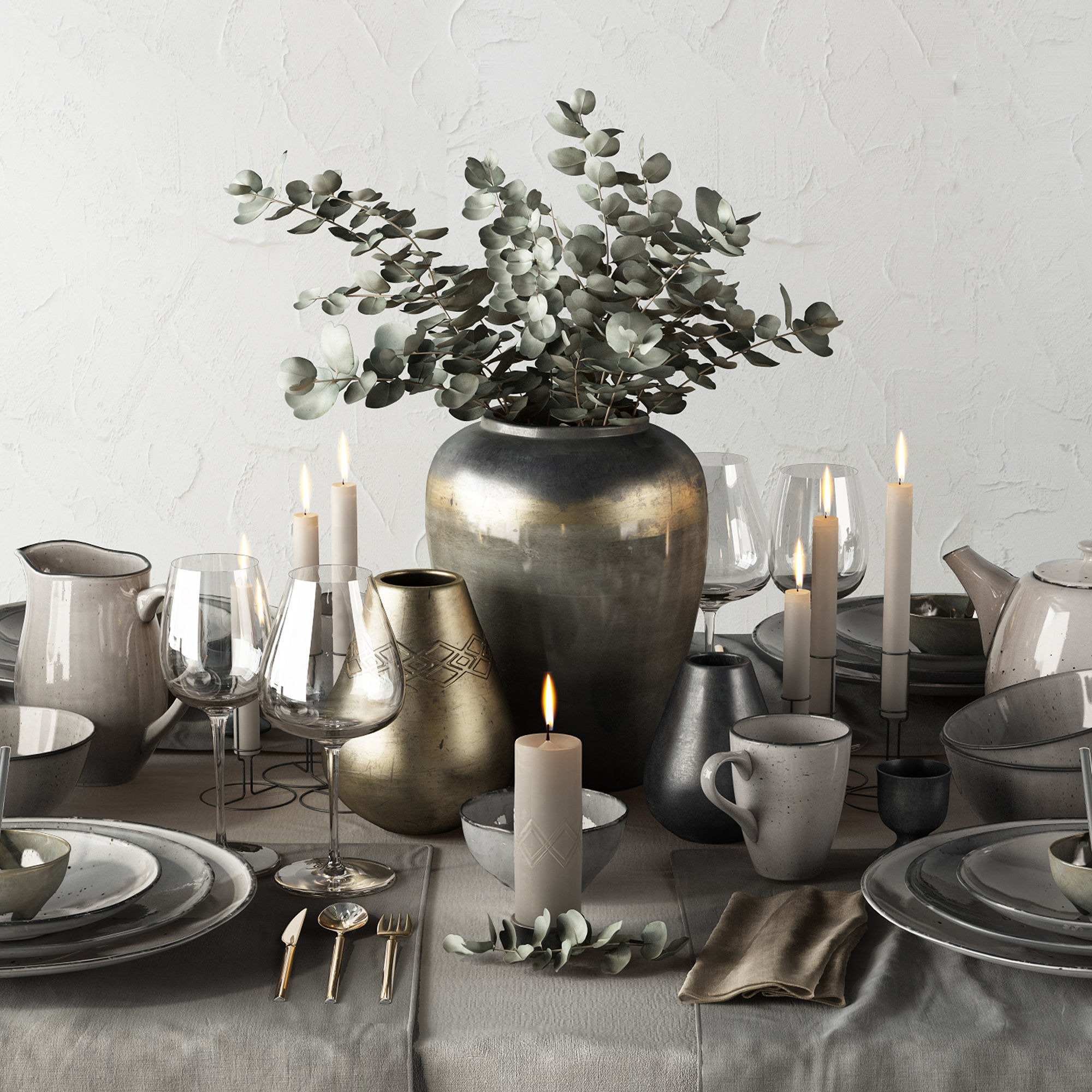 Tableware Set table setting with silverware and plates 3D model_3