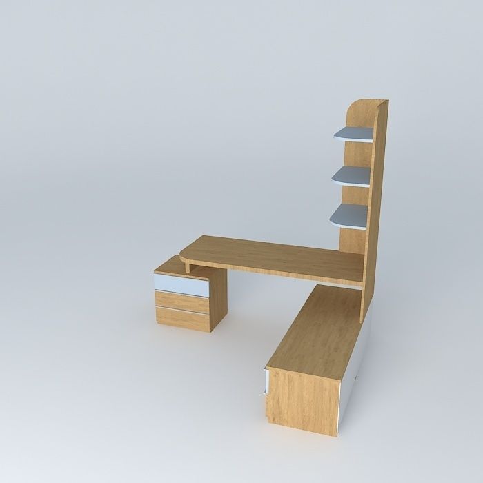 Desk wooden bench with two drawers Free 3D model_1