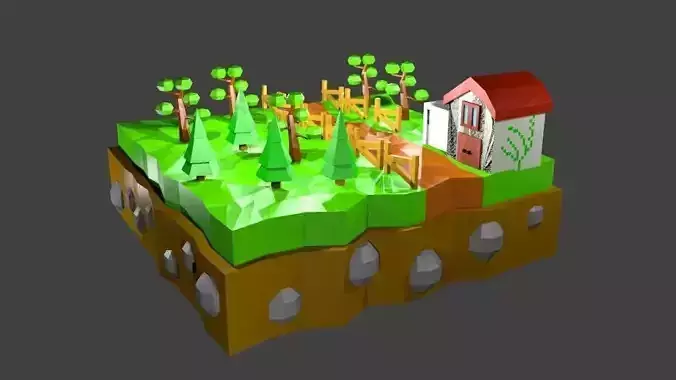 Low Poly Farm island with house and trees