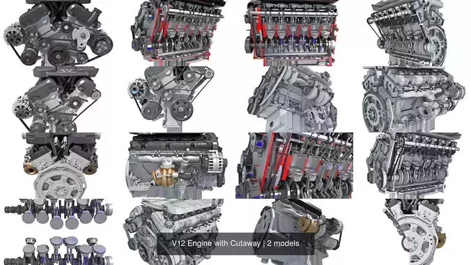 V12 Engine with Cutaway 3D Model Collection