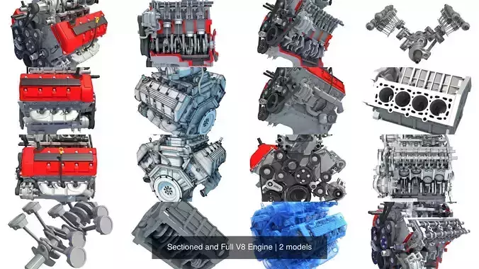 Sectioned and Full V8 Engine 3D Model Collection