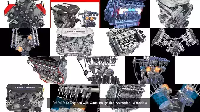 V6 V8 V12 Engines with Gasoline Ignition Animation 3D Model Collection