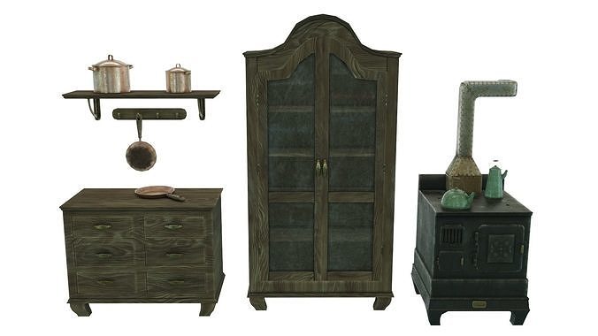 Low Poly Victorian Kitchen Set Low-poly 3D model