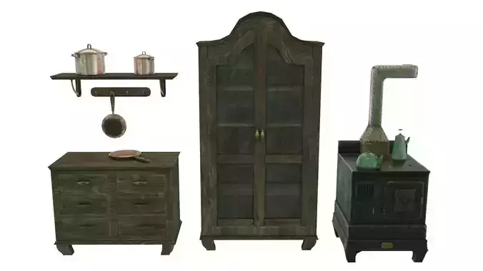 Low Poly Victorian Kitchen Set Low-poly 3D model