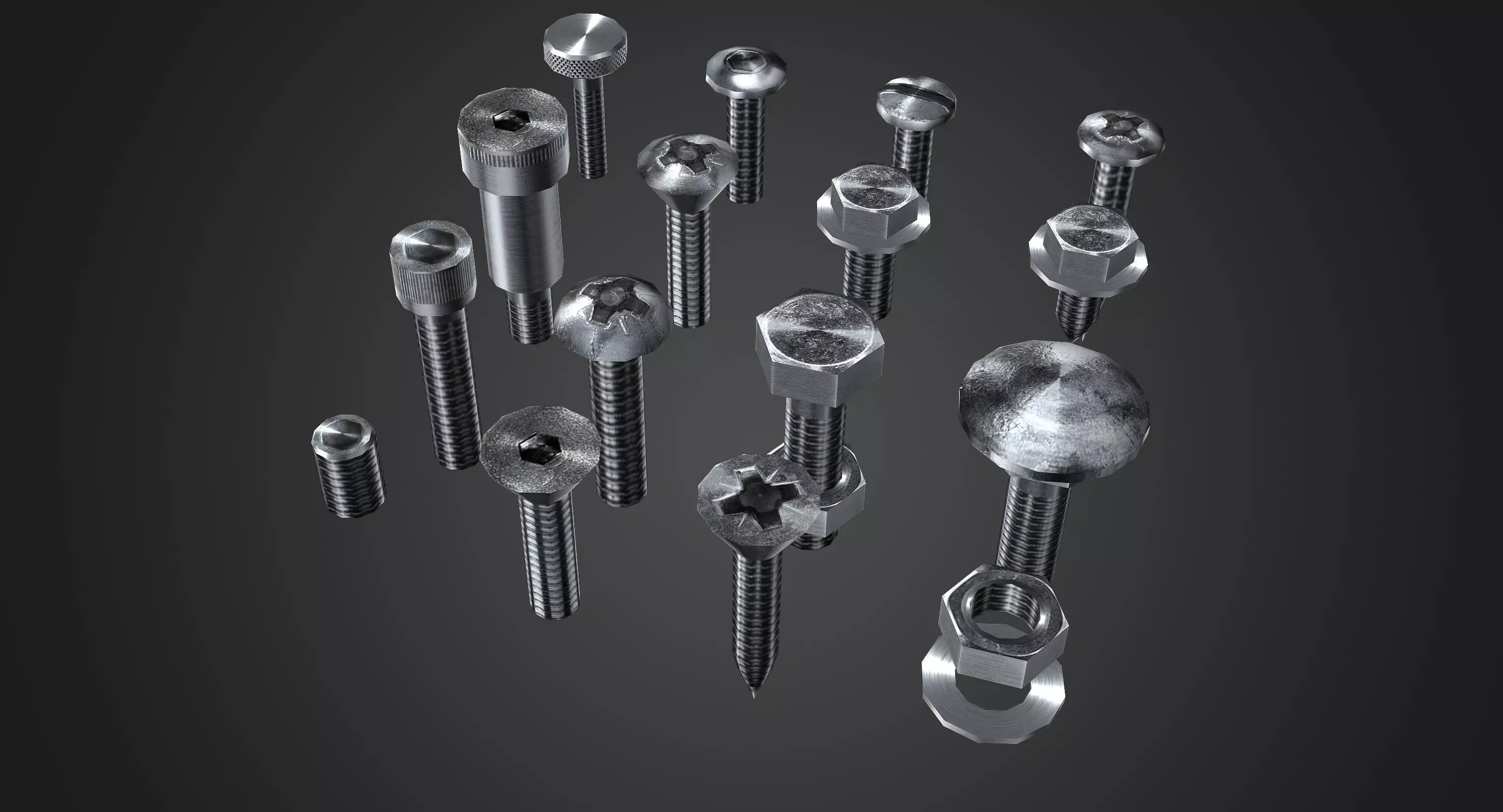 Hardware Pack- nuts and bolts Low-poly 3D model_0