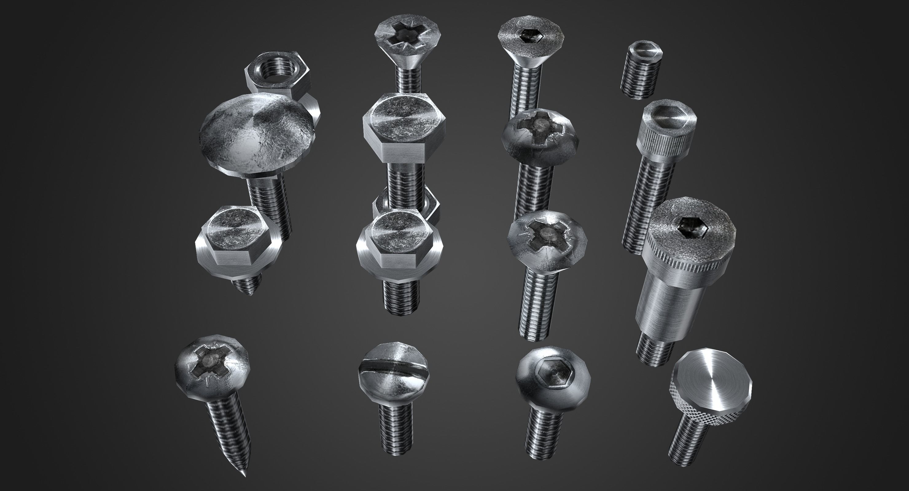 Hardware Pack- nuts and bolts Low-poly 3D model_1