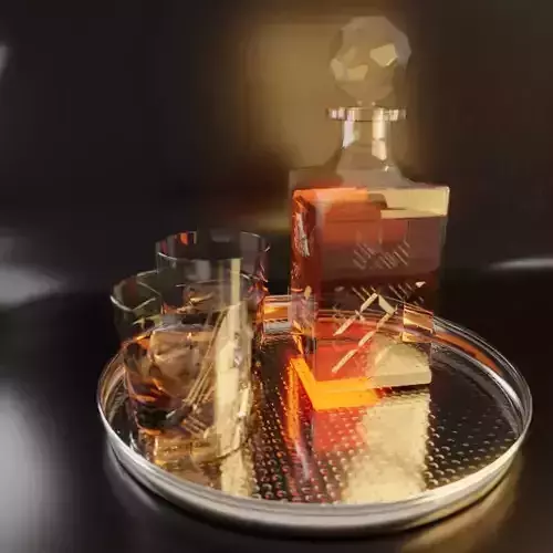 Whisky set whiskey bottle and glasses on tray