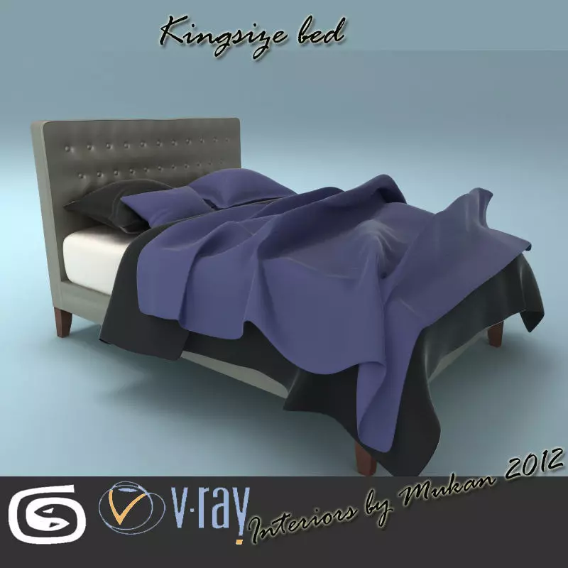 Bed with Padded Headboard 3D model_0