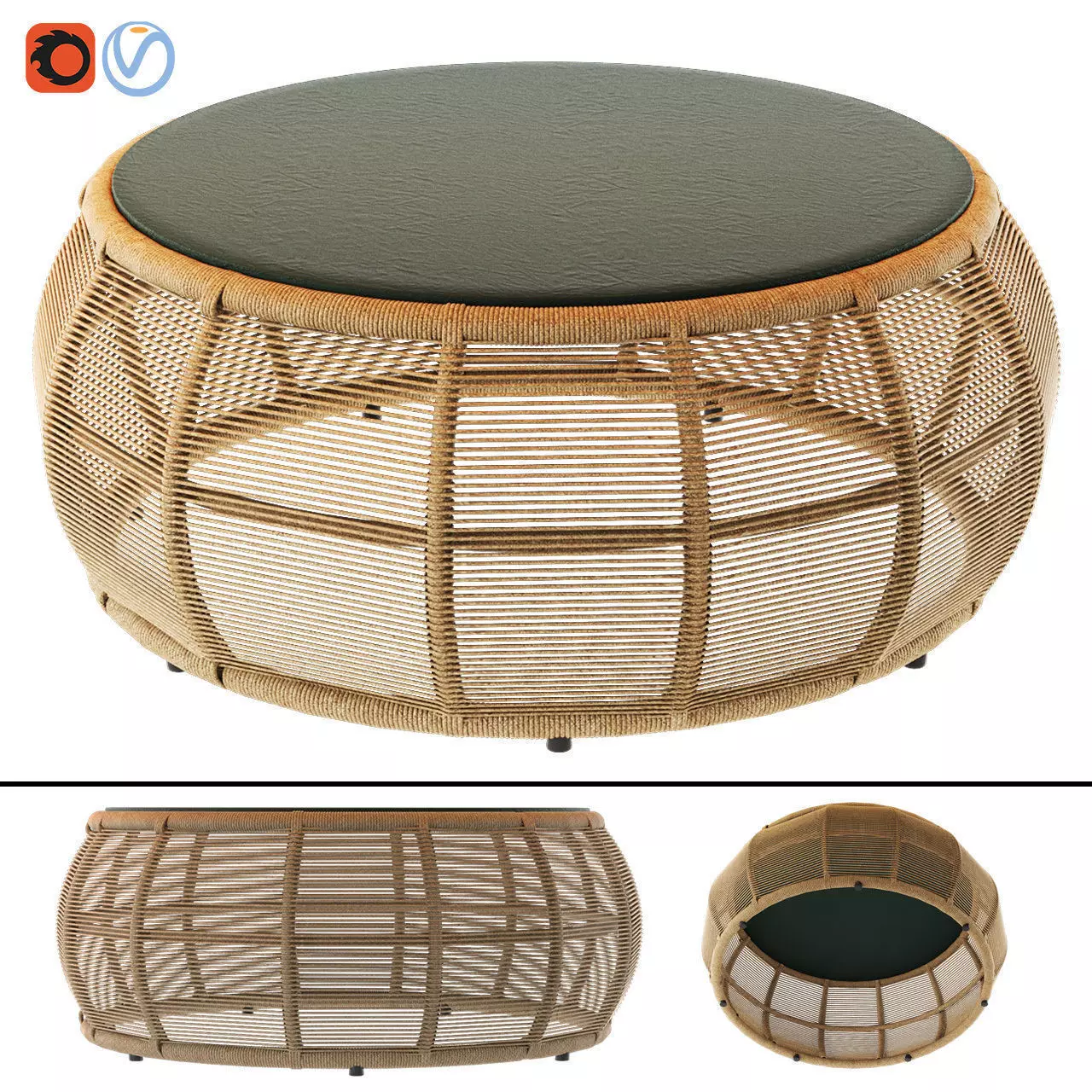 TAMARIN Round Resin Wicker and Grey Glass Garden Coffee Table 3D model_0