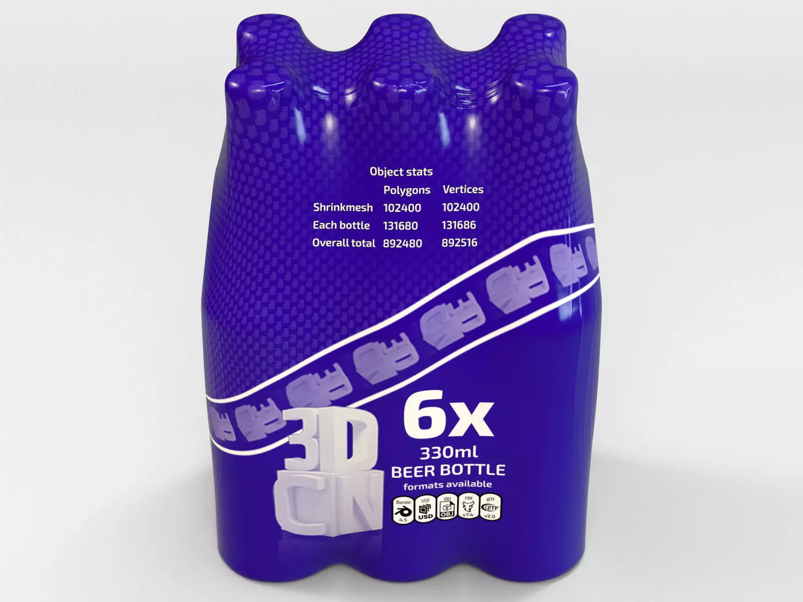 6 pack 330ml shrinkwrapped bottles 3D model_2