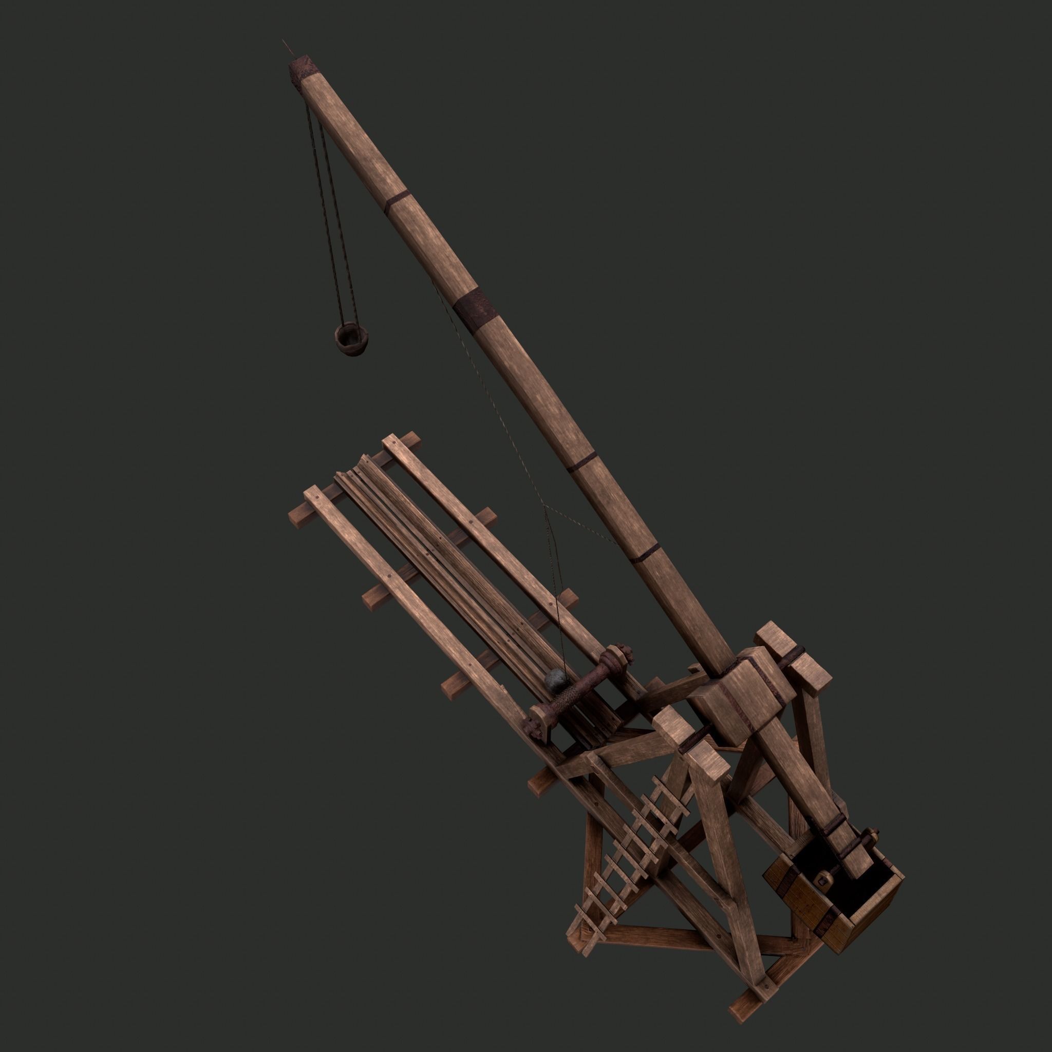 Trebuchet wooden crane Low-poly 3D model_19