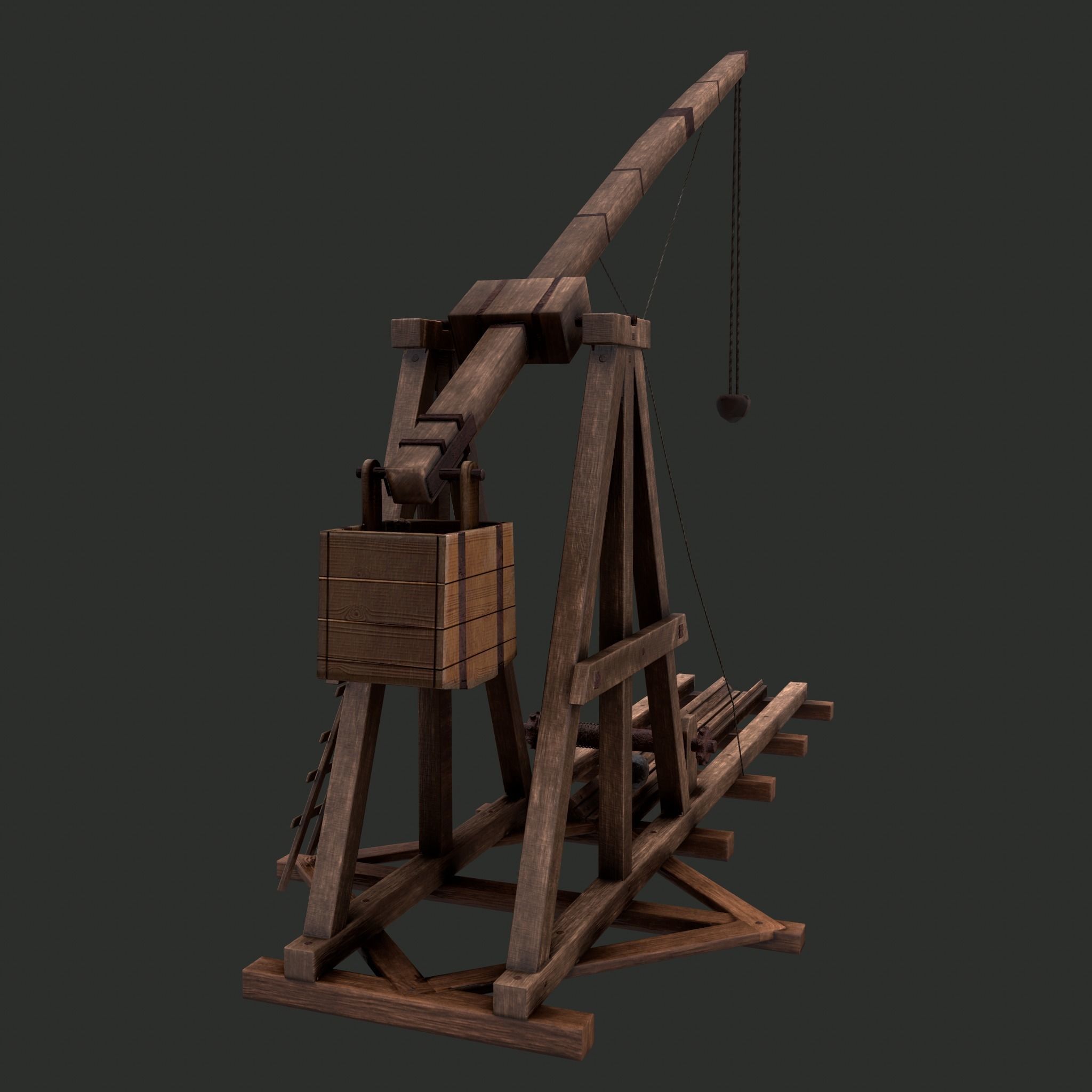 Trebuchet wooden crane Low-poly 3D model_10