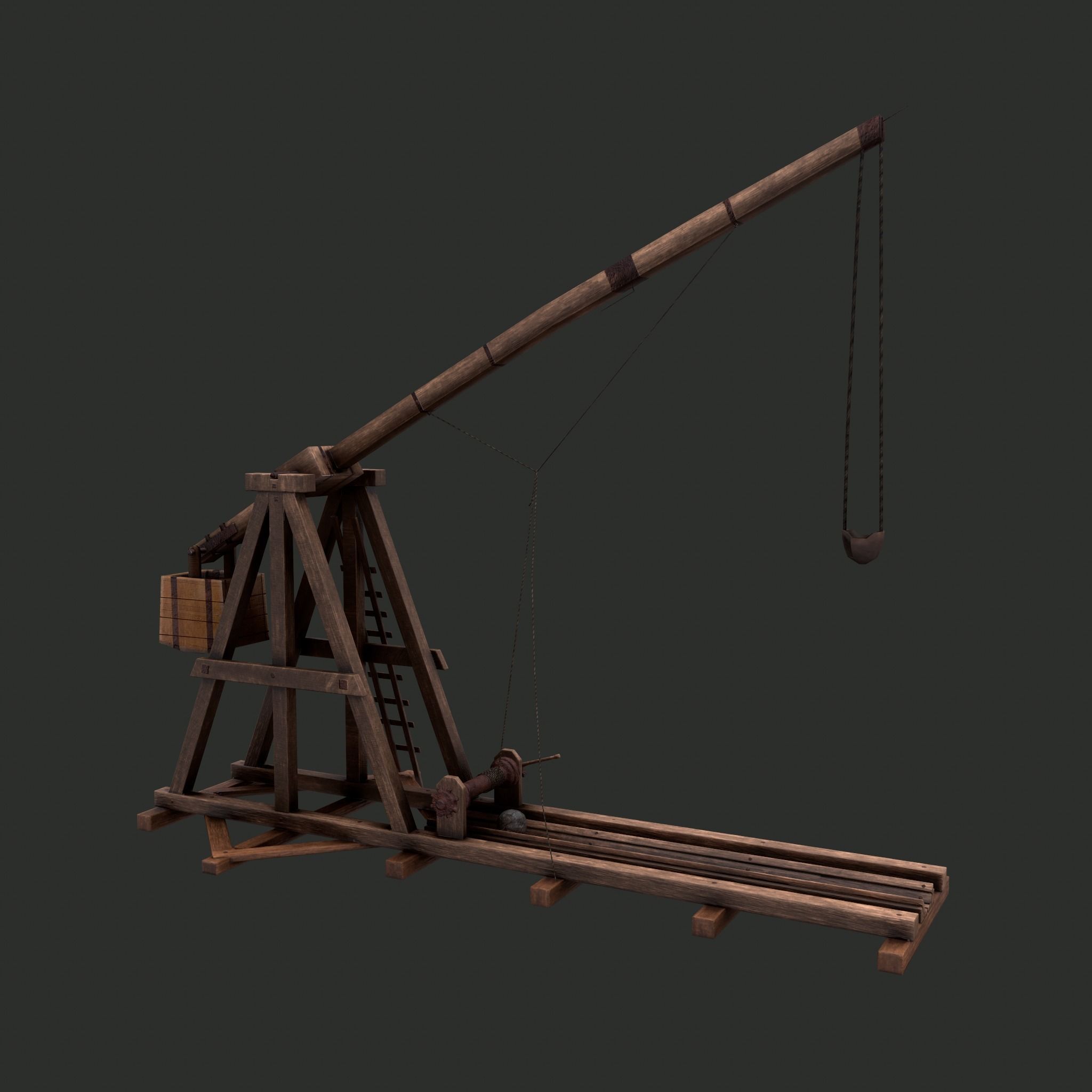 Trebuchet wooden crane Low-poly 3D model_5