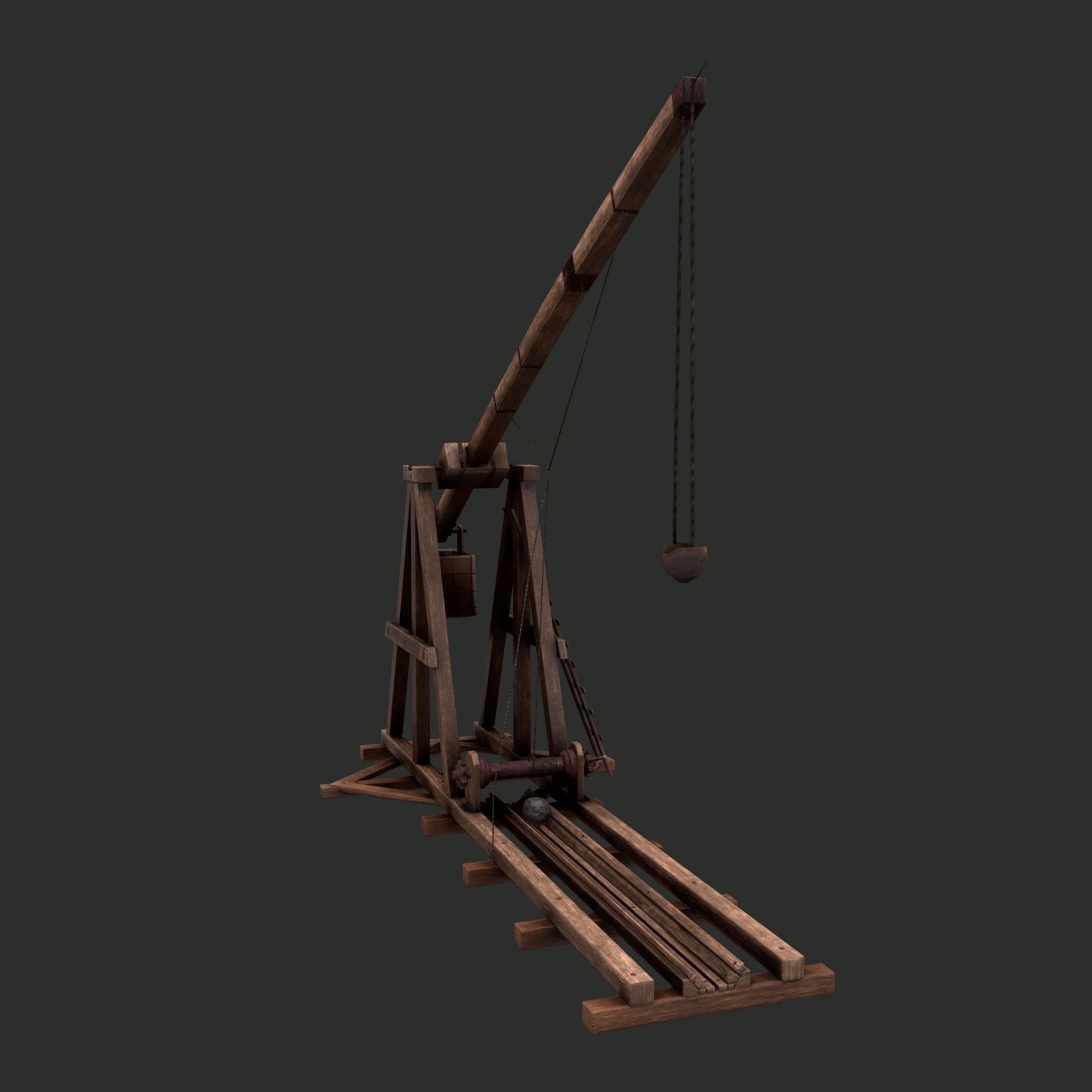 Trebuchet wooden crane Low-poly 3D model_3