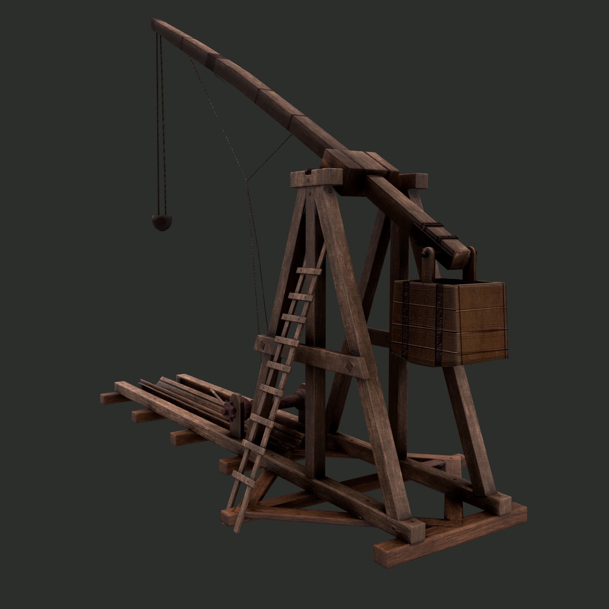 Trebuchet wooden crane Low-poly 3D model_13