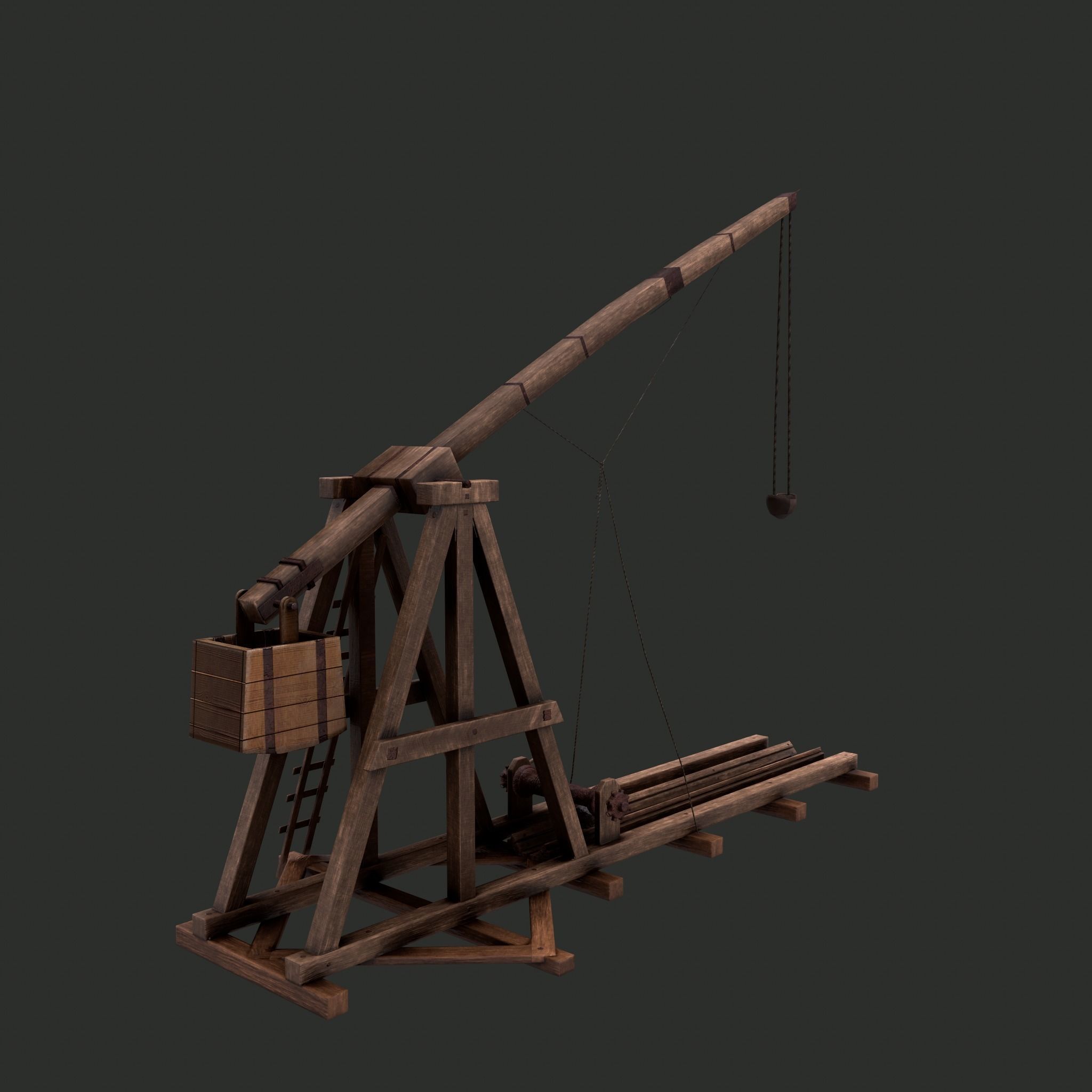 Trebuchet wooden crane Low-poly 3D model_9