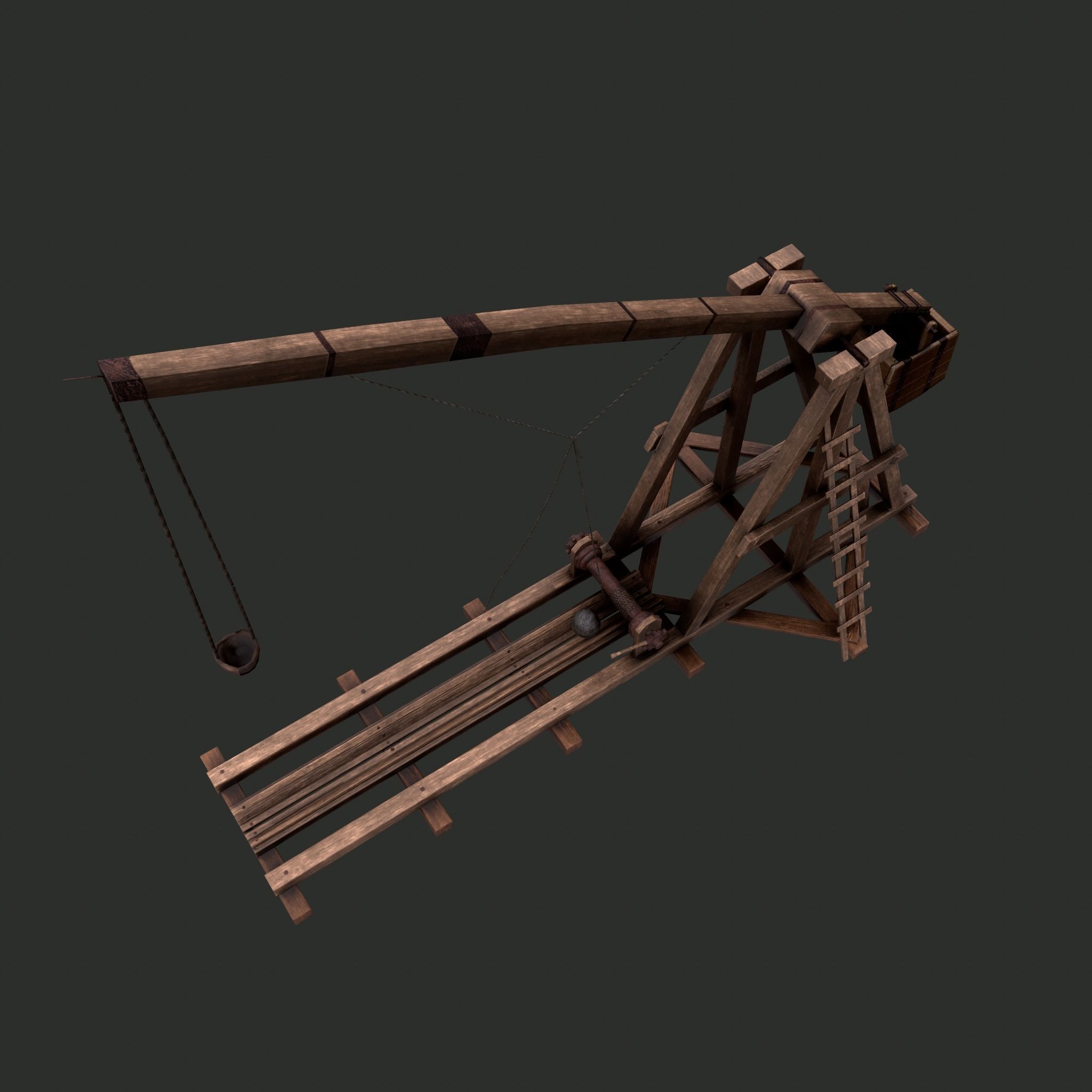 Trebuchet wooden crane Low-poly 3D model_18
