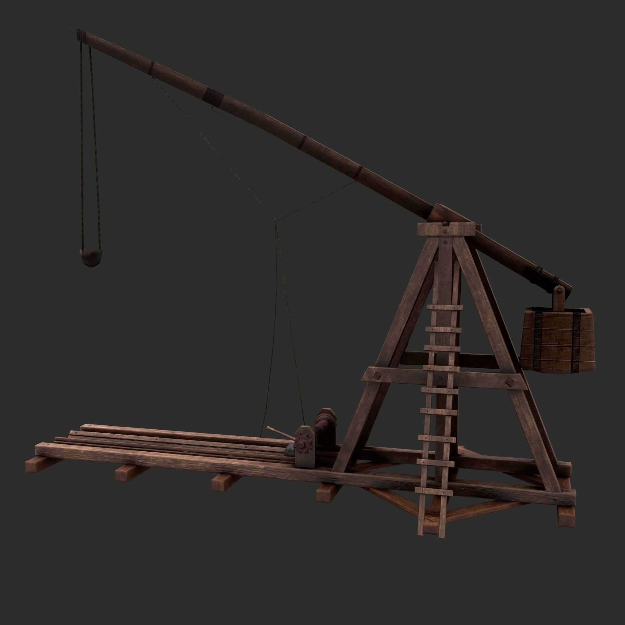 Trebuchet wooden crane Low-poly 3D model_14