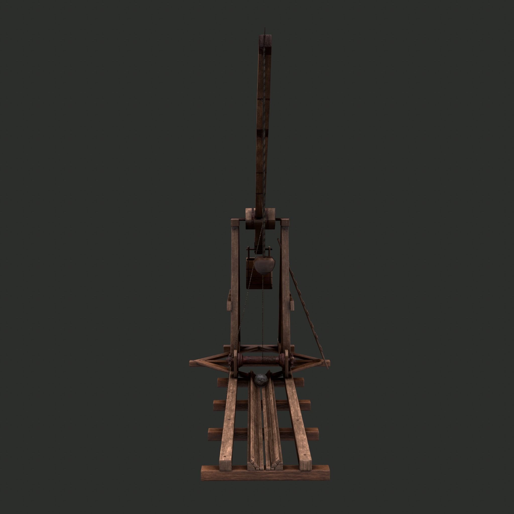 Trebuchet wooden crane Low-poly 3D model_6